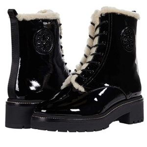 Tory Burch Black lace up shearling Combat Boots with Cream Lining